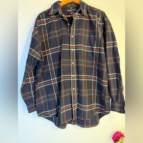 Ralph Lauren Blue Label Other - VTG Ralph Lauren BIG SHIRT Men L Navy Green Red Plaid Button Down 100% Cotton